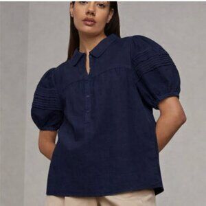 Hudson North Linen Puff Sleeve Blouse Navy Blue Textured Top Size Medium